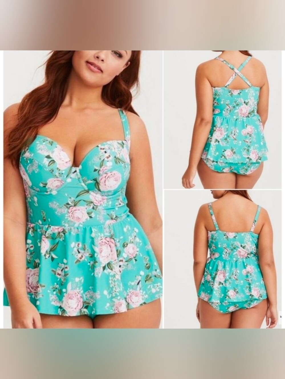 Torrid Teal Floral Peplum Swimsuit Size 1 XL